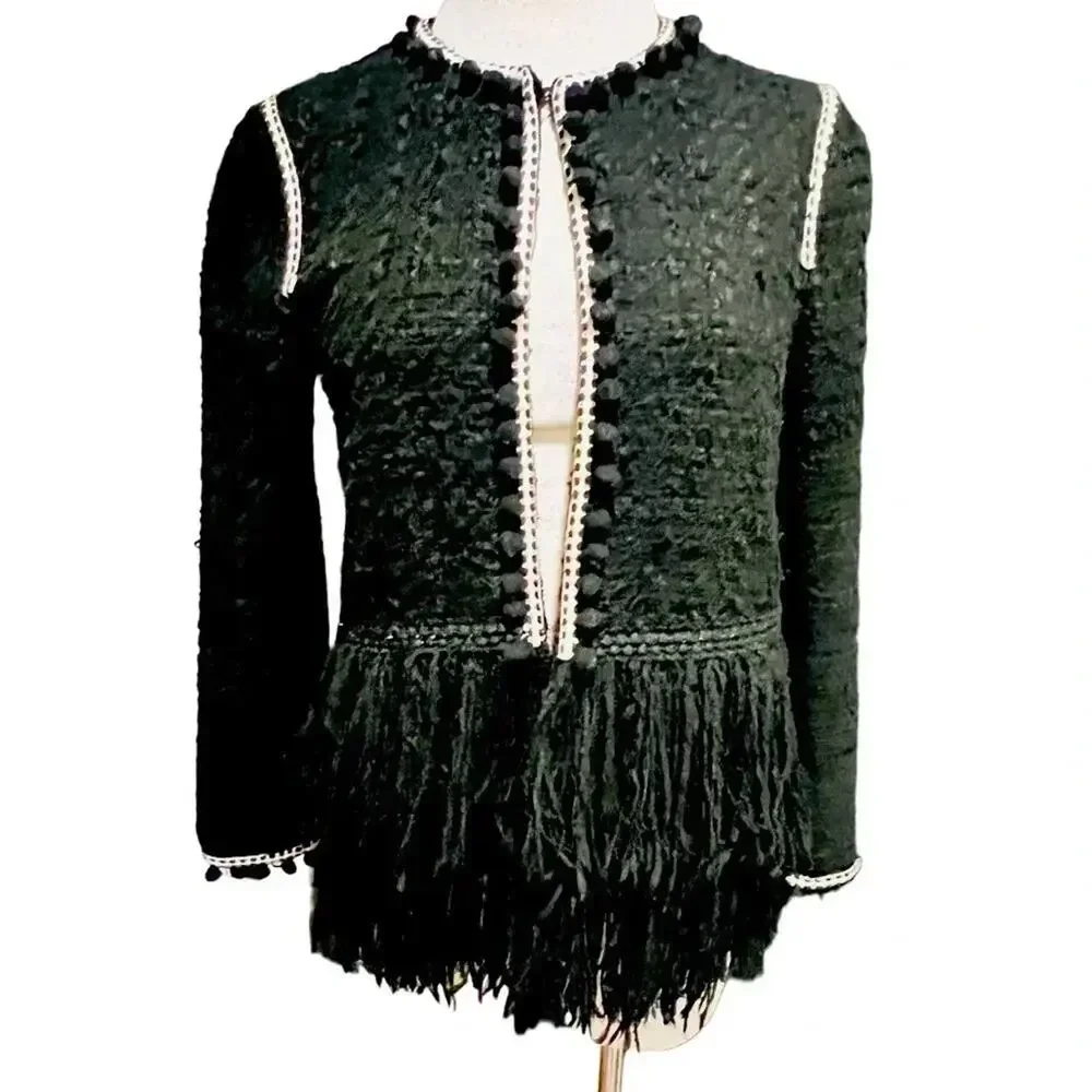Zara Tweed Fringe Pom Pom Tassels Lined Boucle Jacket Blazer Black Size XS